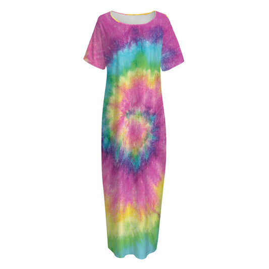 Bright Spiral Tie Dye Print Short Sleeve Long Nightdress