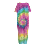 Bright Spiral Tie Dye Print Short Sleeve Long Nightdress