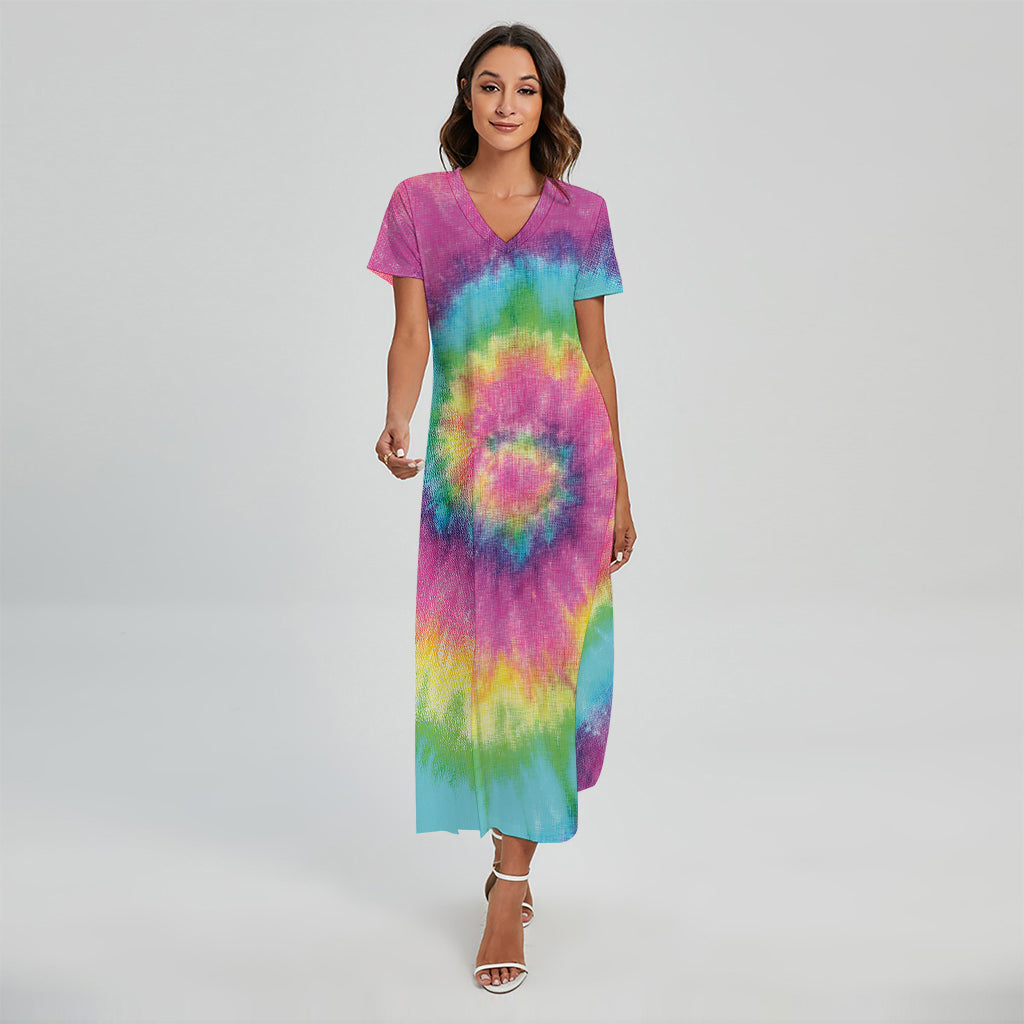 Bright Spiral Tie Dye Print Short Sleeve Maxi Dress