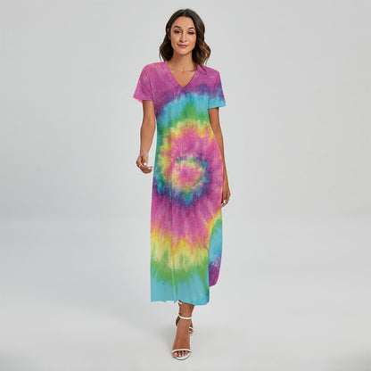 Bright Spiral Tie Dye Print Short Sleeve Maxi Dress