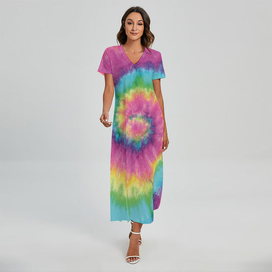Bright Spiral Tie Dye Print Short Sleeve Maxi Dress
