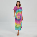 Bright Spiral Tie Dye Print Short Sleeve Maxi Dress