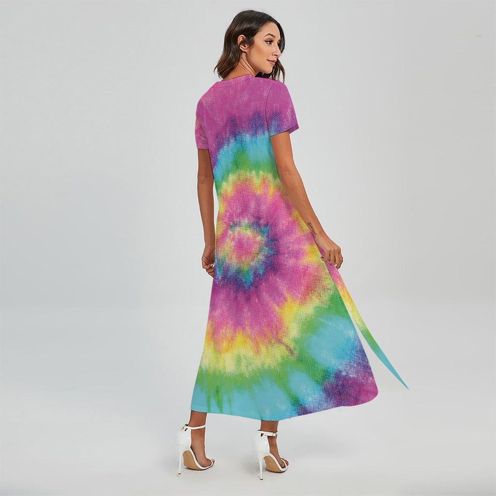 Bright Spiral Tie Dye Print Short Sleeve Maxi Dress