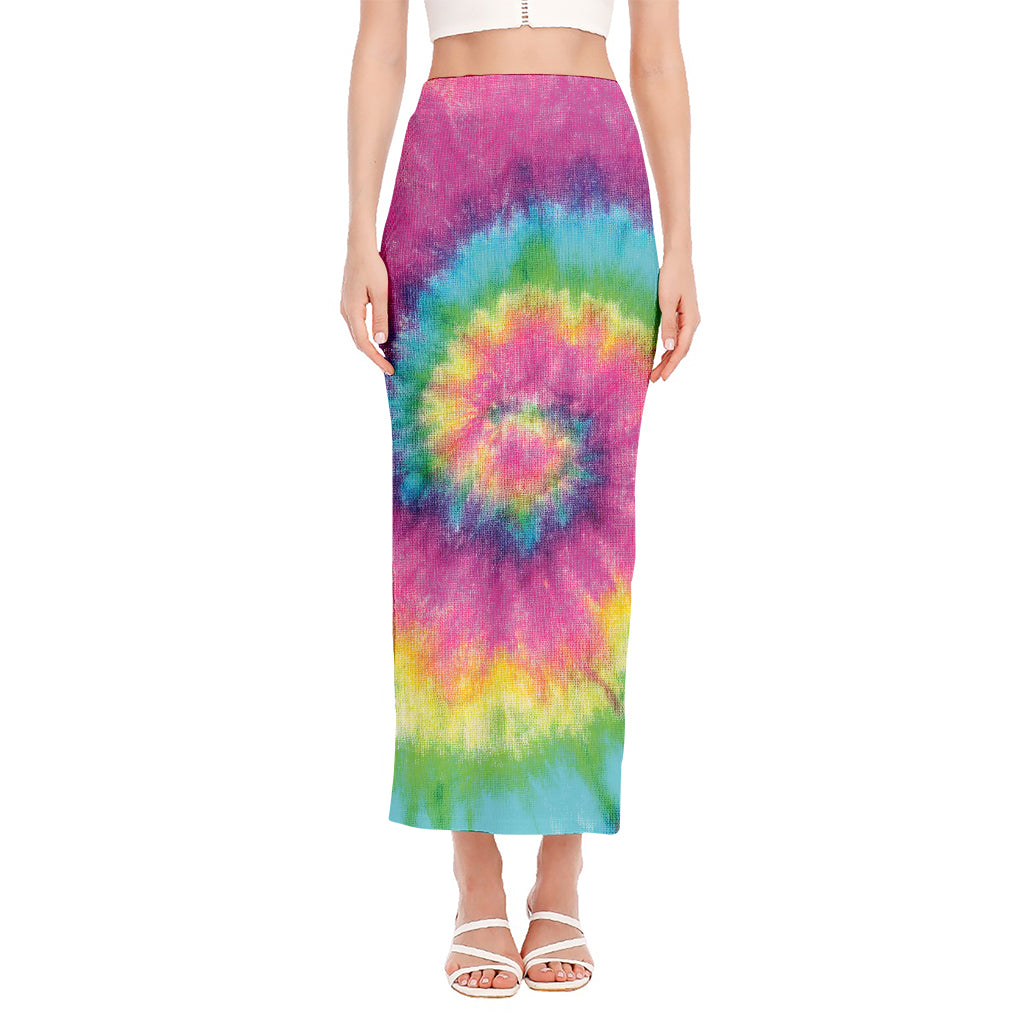 Bright Spiral Tie Dye Print Side Slit Maxi Skirt