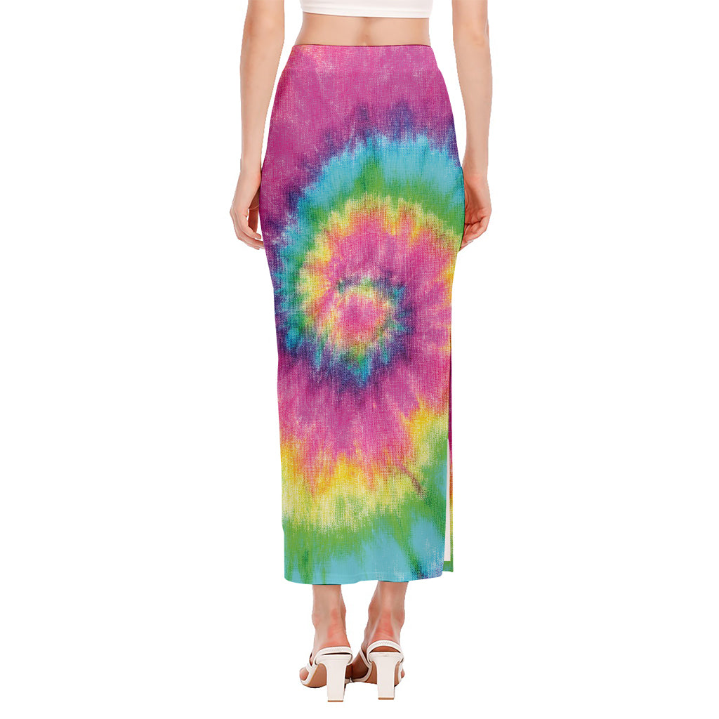 Bright Spiral Tie Dye Print Side Slit Maxi Skirt