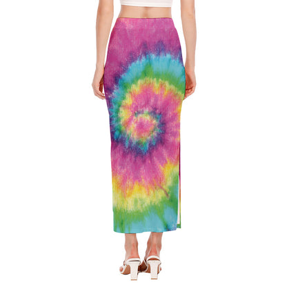 Bright Spiral Tie Dye Print Side Slit Maxi Skirt