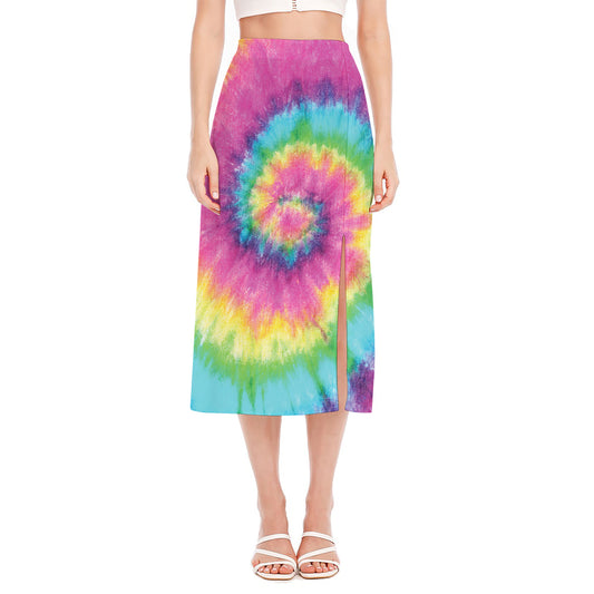 Bright Spiral Tie Dye Print Side Slit Midi Skirt