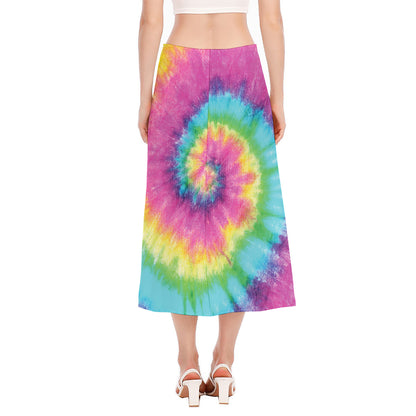 Bright Spiral Tie Dye Print Side Slit Midi Skirt