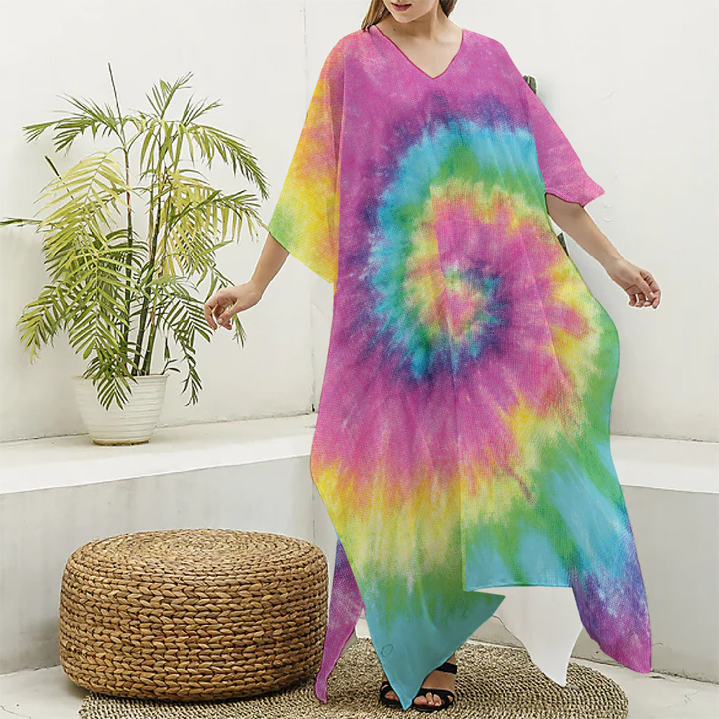 Bright Spiral Tie Dye Print Silk V-Neck Kaftan Dress