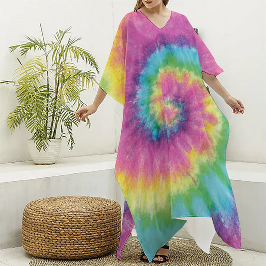 Bright Spiral Tie Dye Print Silk V-Neck Kaftan Dress