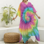 Bright Spiral Tie Dye Print Silk V-Neck Kaftan Dress