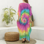 Bright Spiral Tie Dye Print Silk V-Neck Kaftan Dress