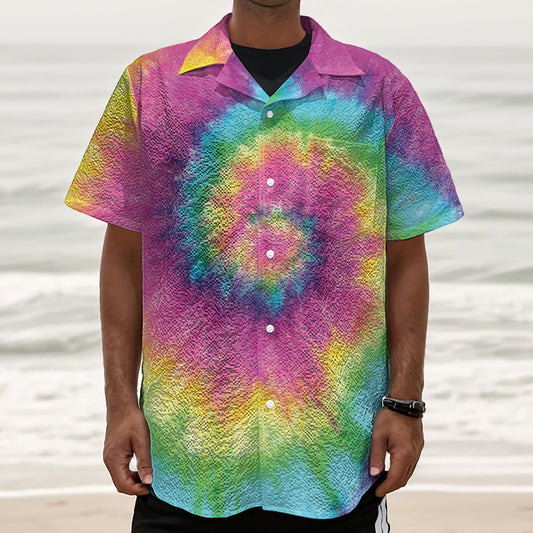 Bright Spiral Tie Dye Print Textured Short Sleeve Shirt
