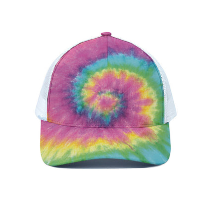Bright Spiral Tie Dye Print White Mesh Trucker Cap