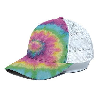Bright Spiral Tie Dye Print White Mesh Trucker Cap