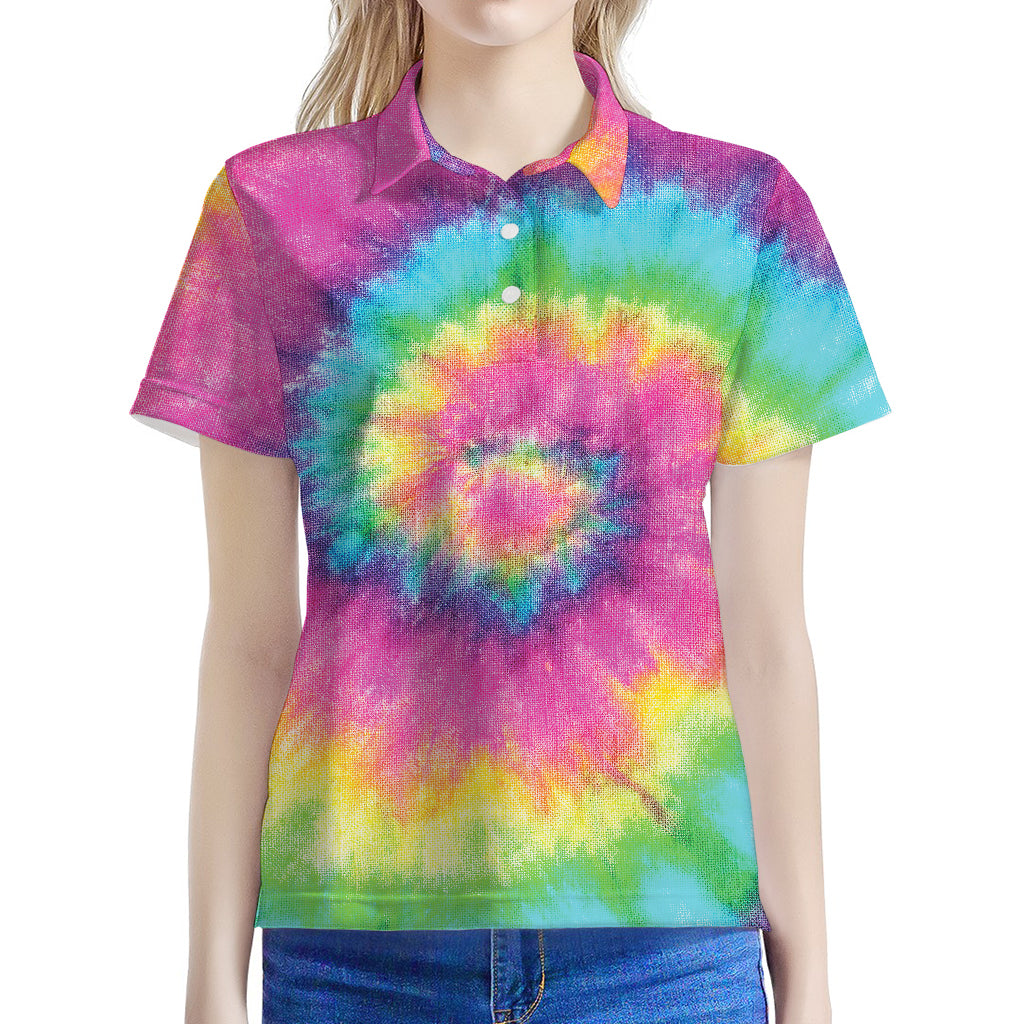 Bright Spiral Tie Dye Print Women's Polo Shirt