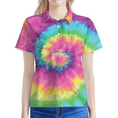Bright Spiral Tie Dye Print Women's Polo Shirt