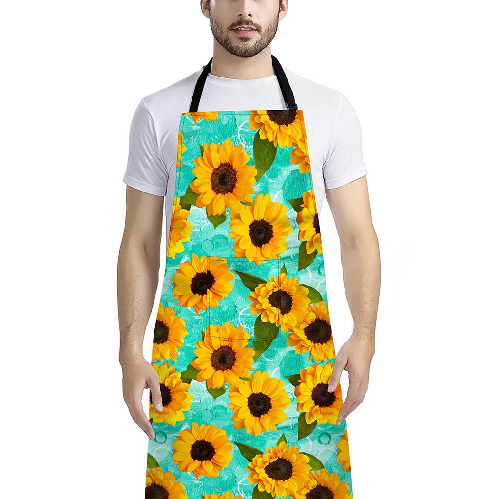 Bright Sunflower Pattern Print Bib Apron With Pocket
