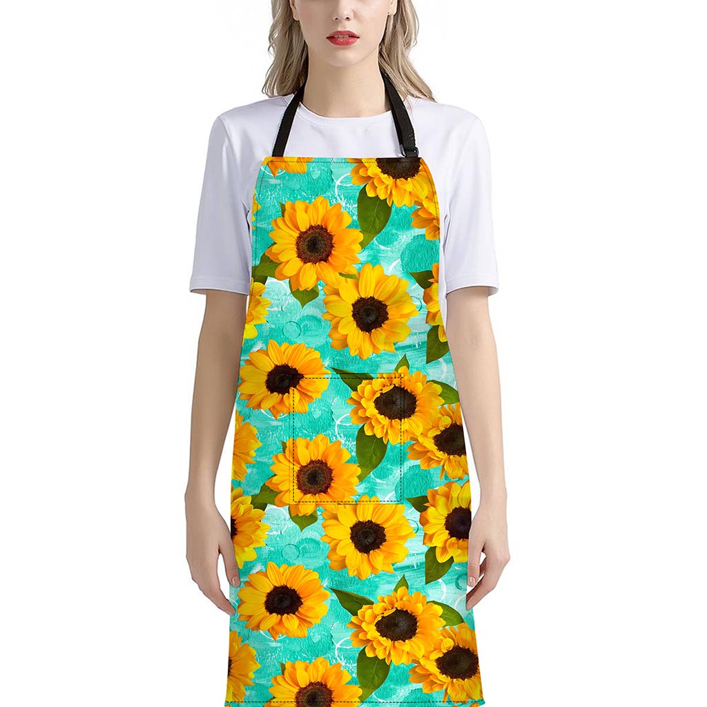 Bright Sunflower Pattern Print Bib Apron With Pocket
