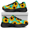 Bright Sunflower Pattern Print Black Chunky Shoes