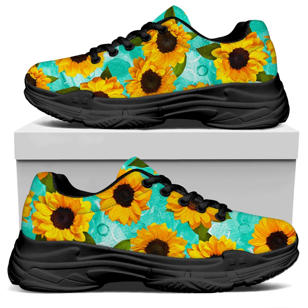 Bright Sunflower Pattern Print Black Chunky Shoes