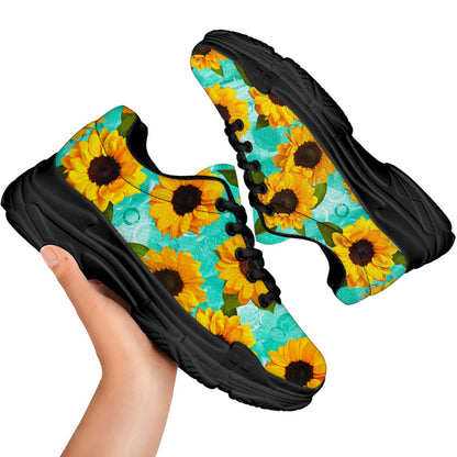 Bright Sunflower Pattern Print Black Chunky Shoes
