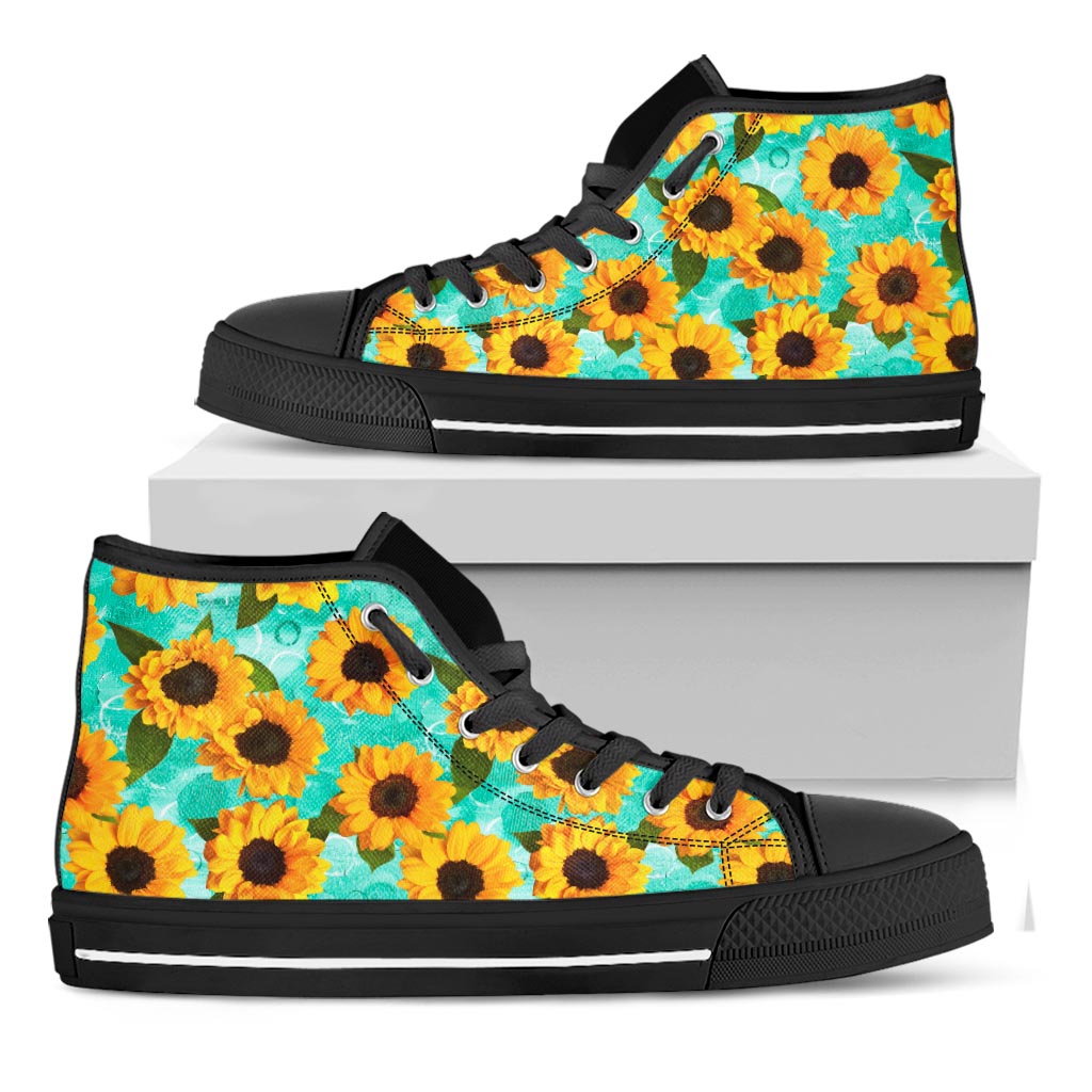 Bright Sunflower Pattern Print Black High Top Sneakers