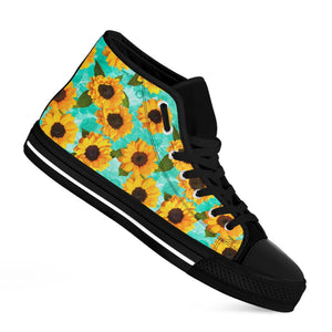 Bright Sunflower Pattern Print Black High Top Sneakers