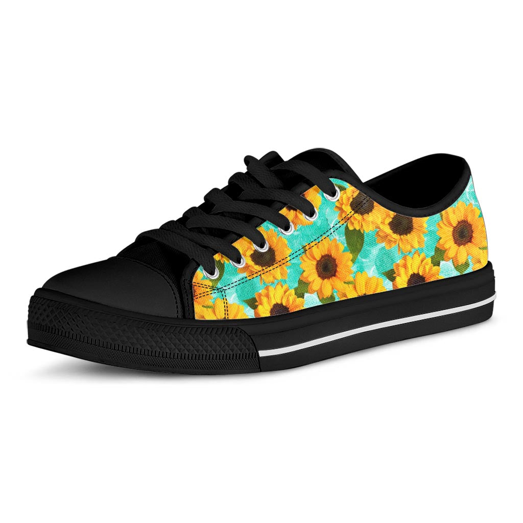 Bright Sunflower Pattern Print Black Low Top Sneakers