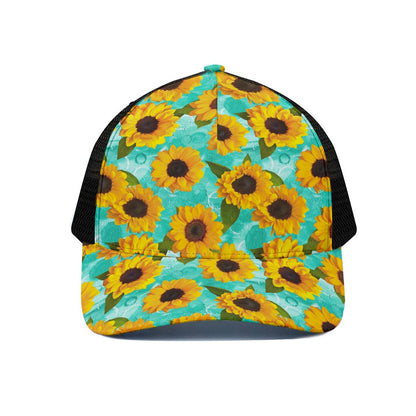 Bright Sunflower Pattern Print Black Mesh Trucker Cap