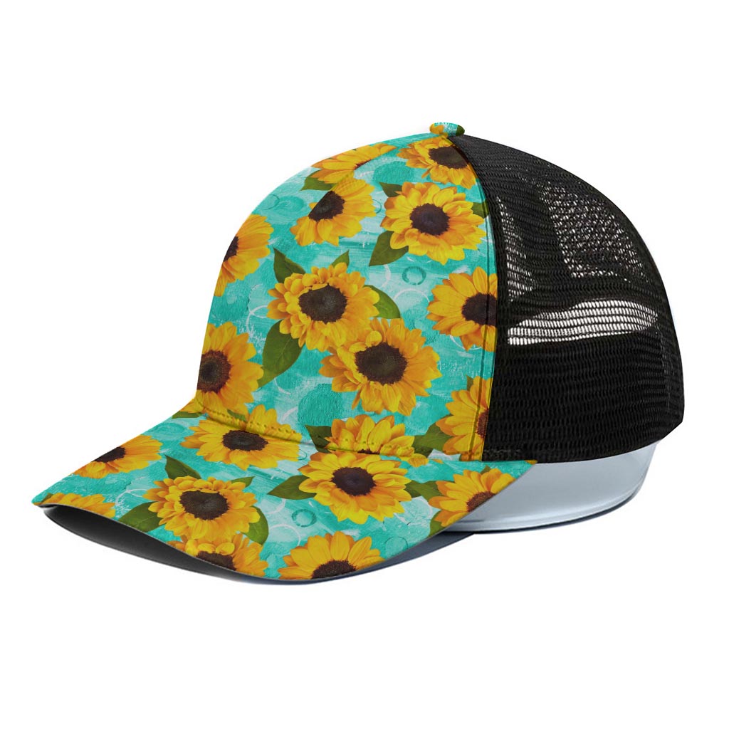Bright Sunflower Pattern Print Black Mesh Trucker Cap