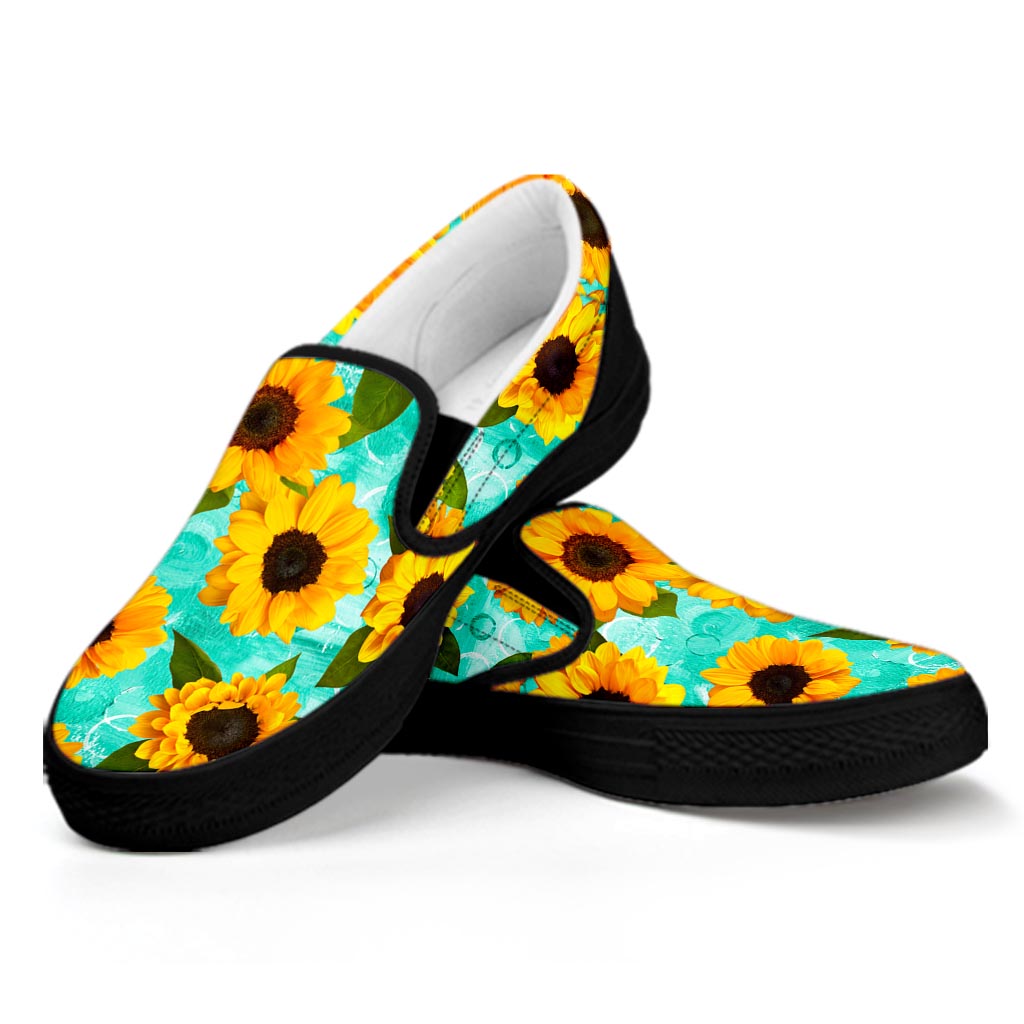 Bright Sunflower Pattern Print Black Slip On Sneakers