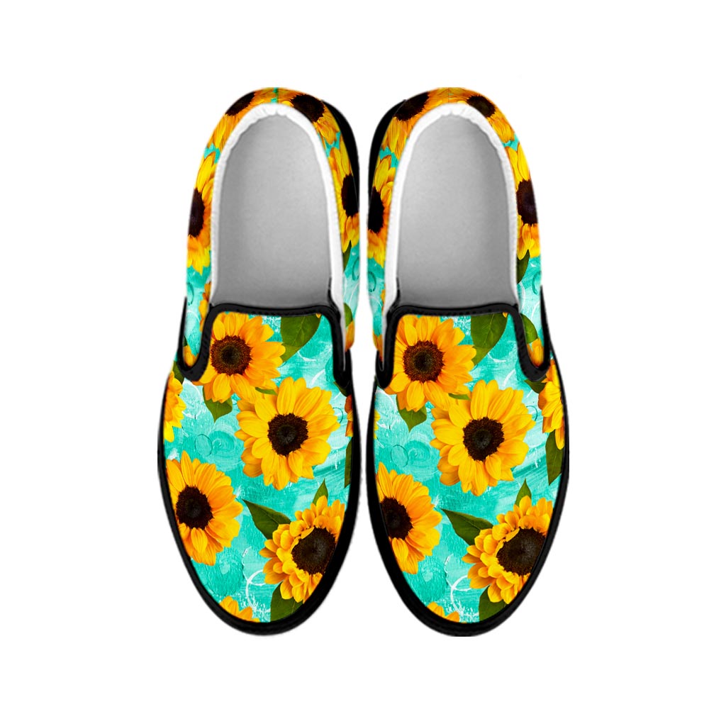 Bright Sunflower Pattern Print Black Slip On Sneakers