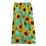 Bright Sunflower Pattern Print Cotton Front Slit Maxi Skirt
