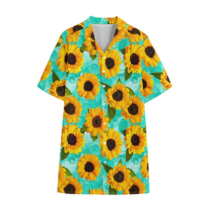 Bright Sunflower Pattern Print Cotton Hawaiian Shirt