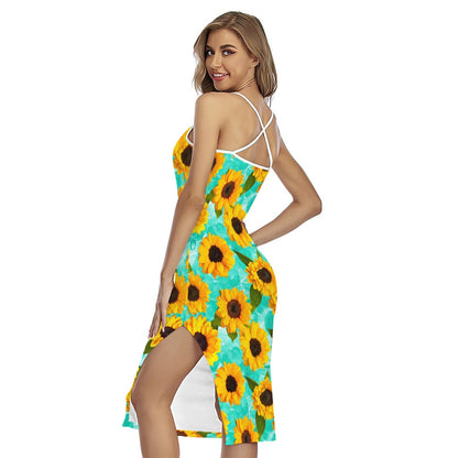 Bright Sunflower Pattern Print Cross Back Cami Dress