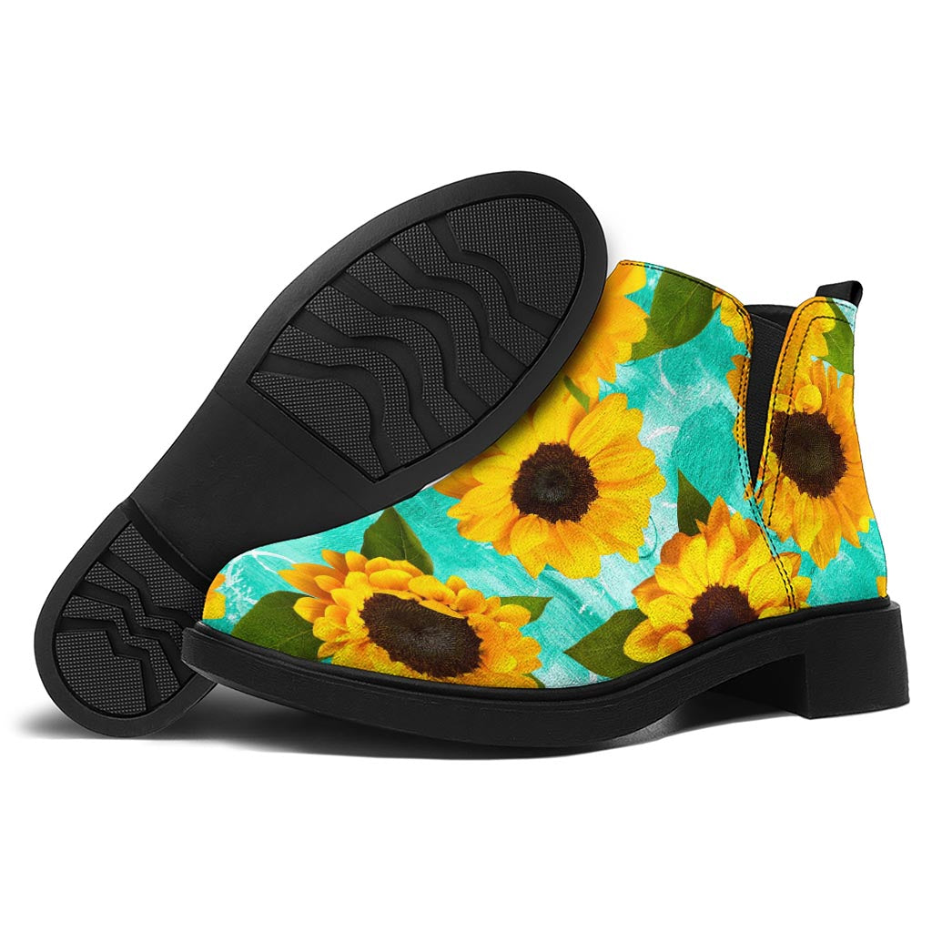 Bright Sunflower Pattern Print Flat Ankle Boots