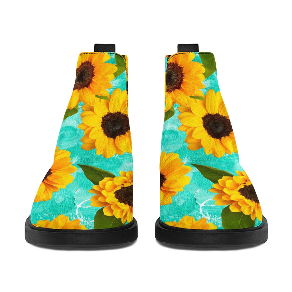 Bright Sunflower Pattern Print Flat Ankle Boots