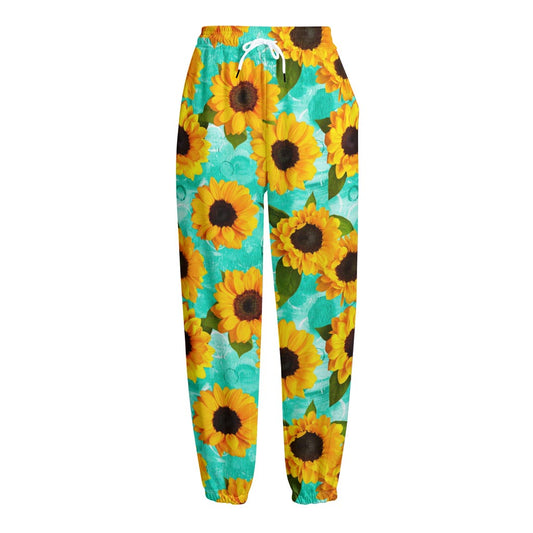Bright Sunflower Pattern Print Fleece Lined Knit Pants