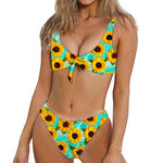 Bright Sunflower Pattern Print Front Bow Tie Bikini