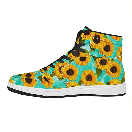 Bright Sunflower Pattern Print High Top Leather Sneakers