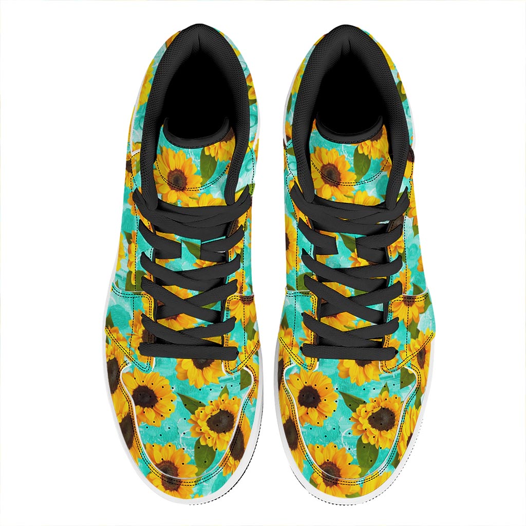 Bright Sunflower Pattern Print High Top Leather Sneakers
