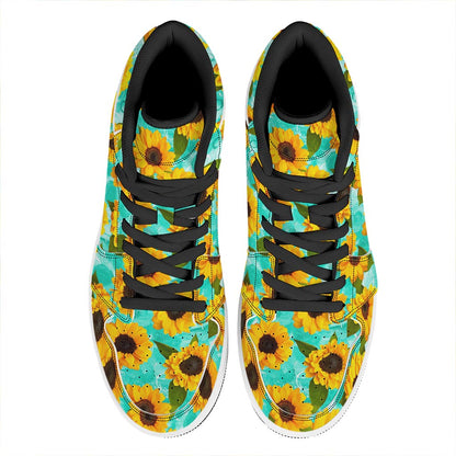 Bright Sunflower Pattern Print High Top Leather Sneakers