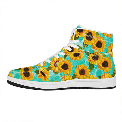 Bright Sunflower Pattern Print High Top Leather Sneakers