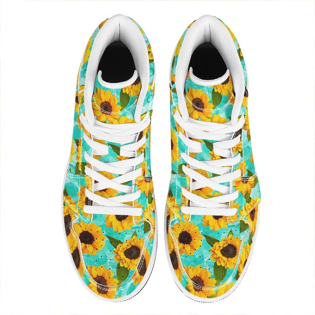 Bright Sunflower Pattern Print High Top Leather Sneakers
