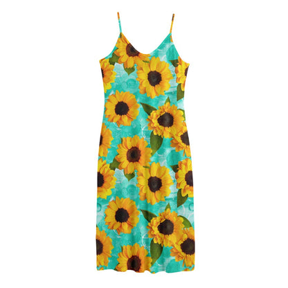 Bright Sunflower Pattern Print Jersey Midi Cami Dress