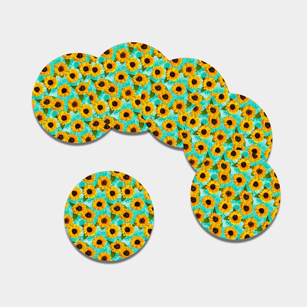 Bright Sunflower Pattern Print Leather Coaster Set