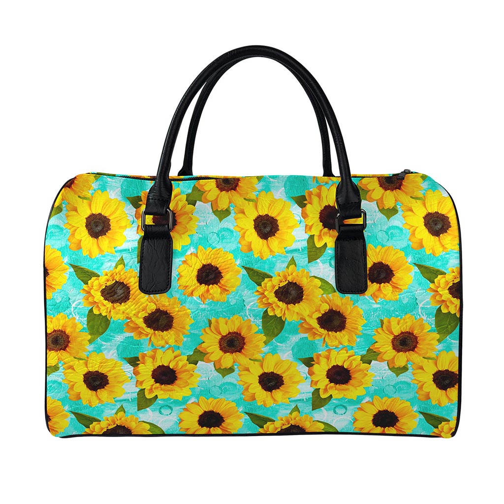 Bright Sunflower Pattern Print Leather Duffle Bag