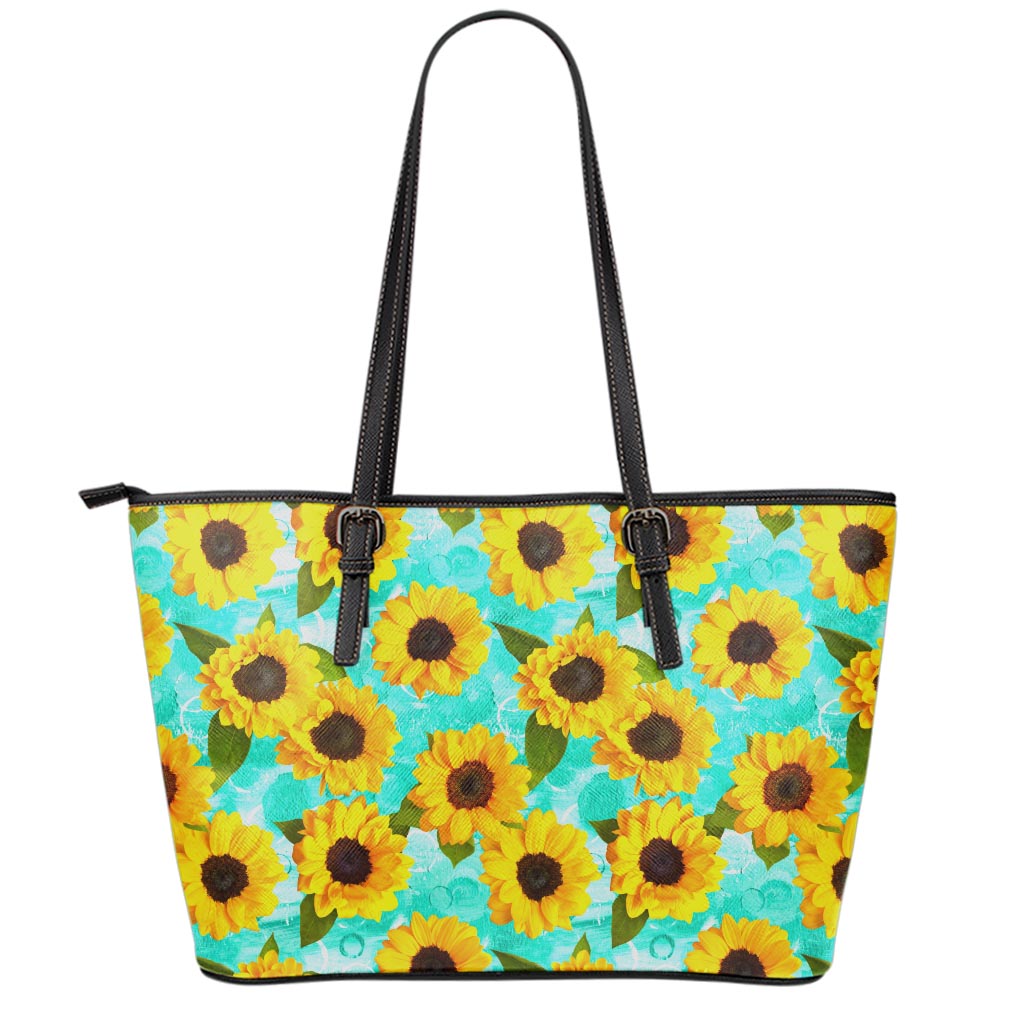 Bright Sunflower Pattern Print Leather Tote Bag