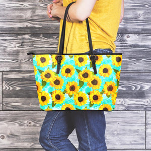 Bright Sunflower Pattern Print Leather Tote Bag